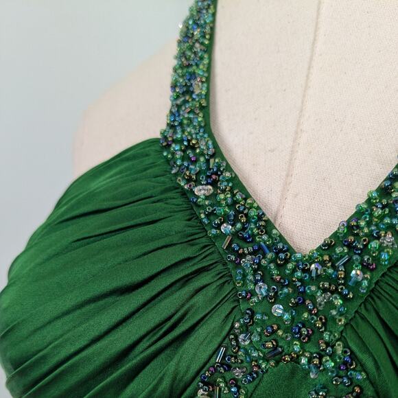 Cache Prom Dress Midi Gown 2 Green Silk Vintage Y2K Glam Bead Holiday Halter - Picture 5 of 14